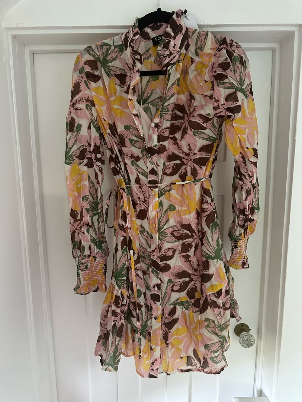 Fate Floral Tie-Waist Long Sleeve Dress in Pink, Yellow & Green